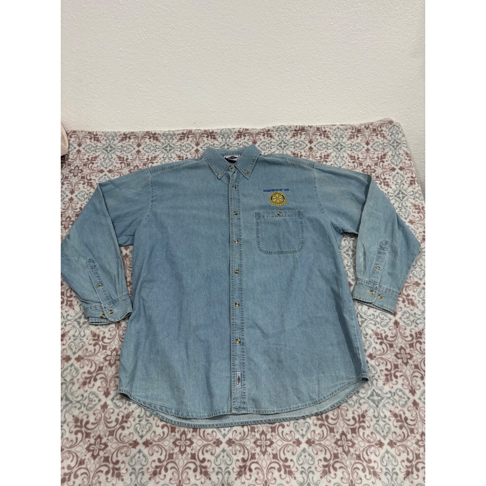 VTG LAL Mens XL Denim Button Down Shirt Rochester Rotary Club Light Wash Cotton